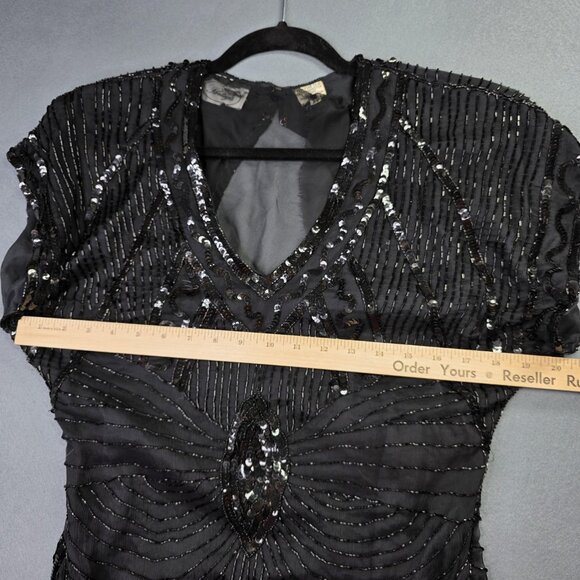 Vintage Pantagis Dress Womens Medium Black Silk Sequin Beaded Art Deco 80s Glam - Picture 12 of 14